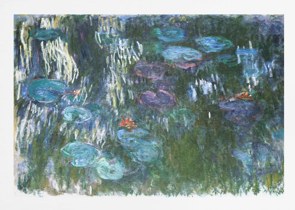 An impressionist painting by Claude Monet of his water lily pond. The canvas is filled with cool tones of green, blue, and purple depicting the water and lily pads. Short, vertical brushstrokes of white and yellow suggest the reflection of light on the water's surface, while small dabs of orange indicate blooming flowers. The entire painting is enclosed in a modern silver frame. Artwork