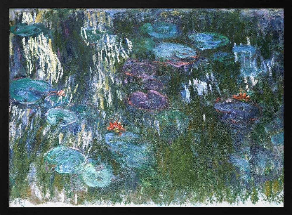 An impressionist painting by Claude Monet of his water lily pond. The canvas is filled with cool tones of green, blue, and purple depicting the water and lily pads. Short, vertical brushstrokes of white and yellow suggest the reflection of light on the water's surface, while small dabs of orange indicate blooming flowers. The entire painting is enclosed in a modern silver frame. Artwork