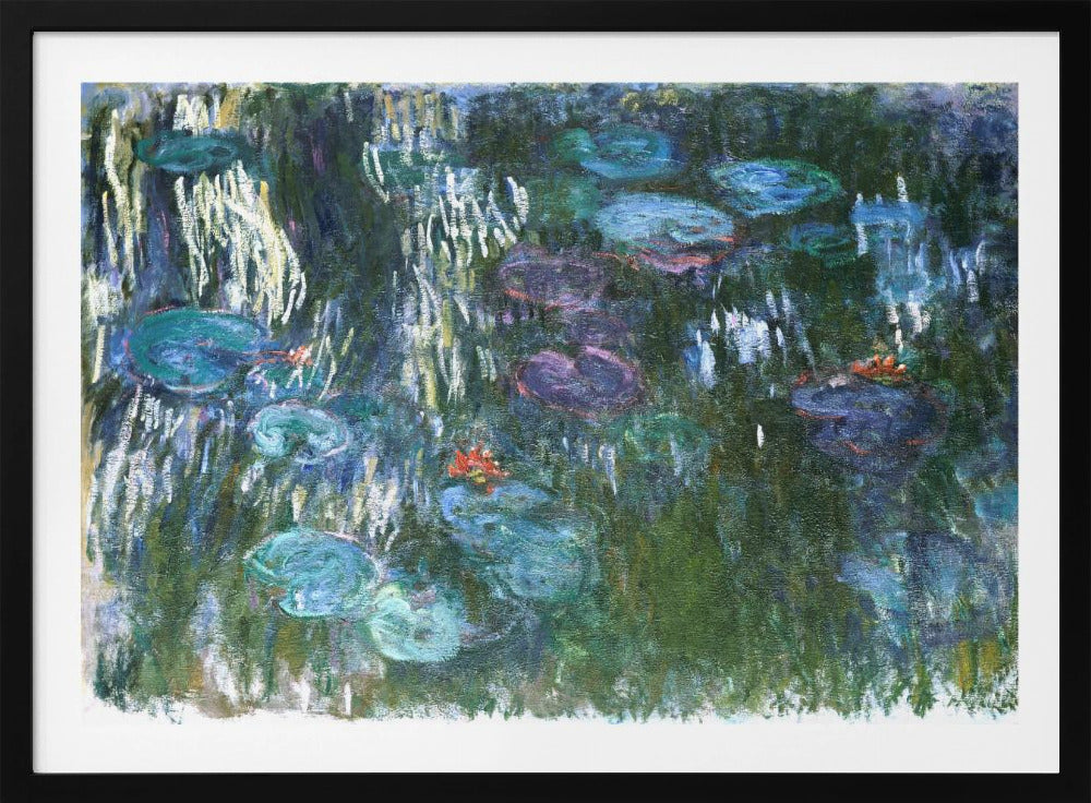 An impressionist painting by Claude Monet of his water lily pond. The canvas is filled with cool tones of green, blue, and purple depicting the water and lily pads. Short, vertical brushstrokes of white and yellow suggest the reflection of light on the water's surface, while small dabs of orange indicate blooming flowers. The entire painting is enclosed in a modern silver frame. Artwork