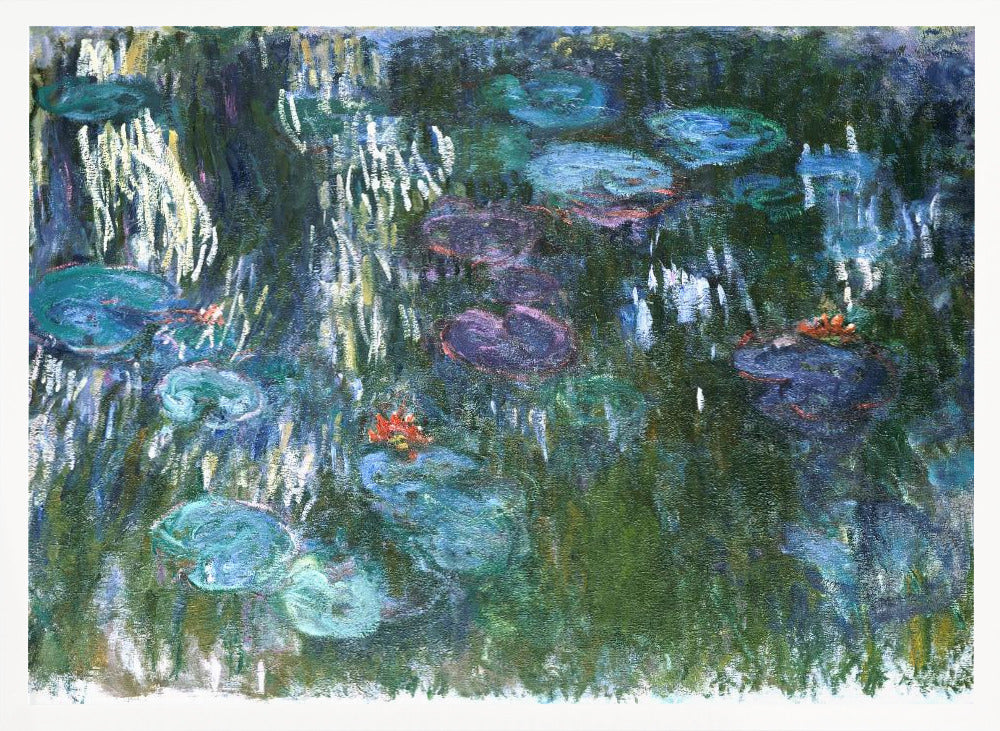 An impressionist painting by Claude Monet of his water lily pond. The canvas is filled with cool tones of green, blue, and purple depicting the water and lily pads. Short, vertical brushstrokes of white and yellow suggest the reflection of light on the water's surface, while small dabs of orange indicate blooming flowers. The entire painting is enclosed in a modern silver frame. Artwork