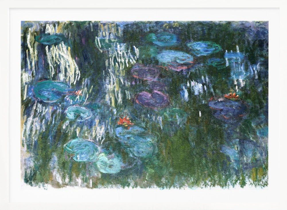 An impressionist painting by Claude Monet of his water lily pond. The canvas is filled with cool tones of green, blue, and purple depicting the water and lily pads. Short, vertical brushstrokes of white and yellow suggest the reflection of light on the water's surface, while small dabs of orange indicate blooming flowers. The entire painting is enclosed in a modern silver frame. Artwork