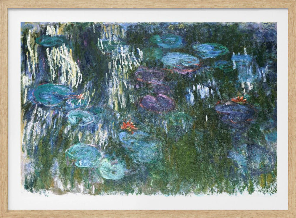 An impressionist painting by Claude Monet of his water lily pond. The canvas is filled with cool tones of green, blue, and purple depicting the water and lily pads. Short, vertical brushstrokes of white and yellow suggest the reflection of light on the water's surface, while small dabs of orange indicate blooming flowers. The entire painting is enclosed in a modern silver frame. Artwork