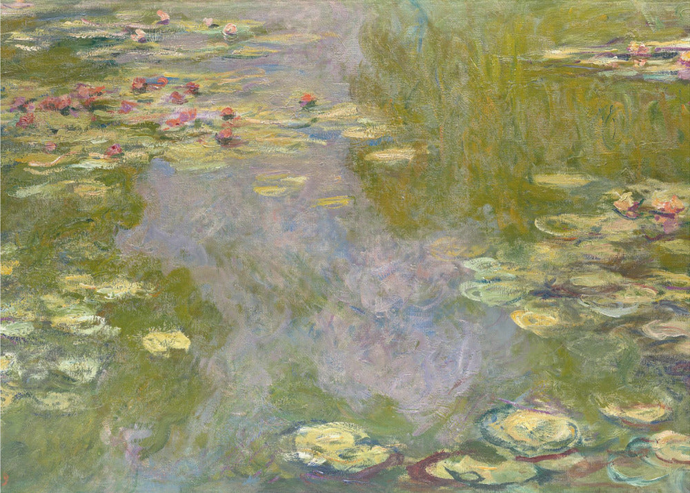An impressionist painting of a water lily pond by Monet, featuring pink and red water lilies floating amongst green pads on the water's surface, which reflects the surrounding greenery and sky in shades of green, blue, and violet. The painting is displayed in a modern silver frame. Wall Art