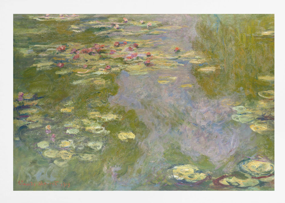 An impressionist painting of a water lily pond by Monet, featuring pink and red water lilies floating amongst green pads on the water's surface, which reflects the surrounding greenery and sky in shades of green, blue, and violet. The painting is displayed in a modern silver frame. Wall Art