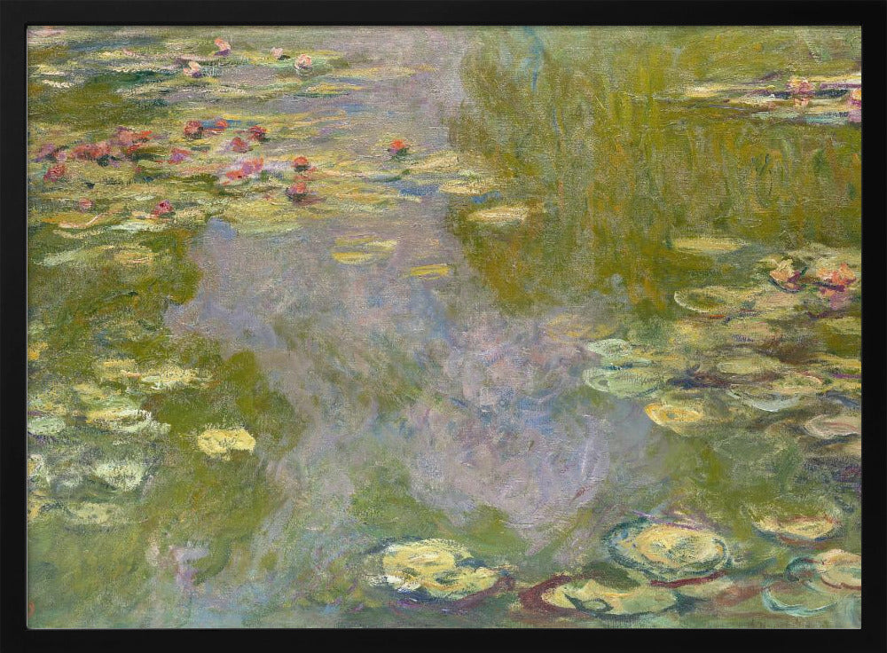 An impressionist painting of a water lily pond by Monet, featuring pink and red water lilies floating amongst green pads on the water's surface, which reflects the surrounding greenery and sky in shades of green, blue, and violet. The painting is displayed in a modern silver frame. Wall Art