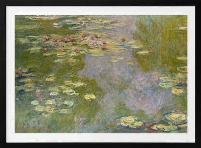 An impressionist painting of a water lily pond by Monet, featuring pink and red water lilies floating amongst green pads on the water's surface, which reflects the surrounding greenery and sky in shades of green, blue, and violet. The painting is displayed in a modern silver frame. Wall Art