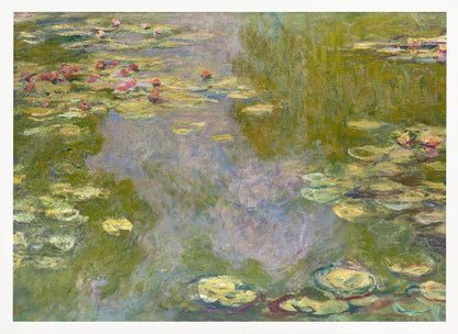 An impressionist painting of a water lily pond by Monet, featuring pink and red water lilies floating amongst green pads on the water's surface, which reflects the surrounding greenery and sky in shades of green, blue, and violet. The painting is displayed in a modern silver frame. Wall Art