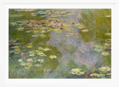 An impressionist painting of a water lily pond by Monet, featuring pink and red water lilies floating amongst green pads on the water's surface, which reflects the surrounding greenery and sky in shades of green, blue, and violet. The painting is displayed in a modern silver frame. Wall Art