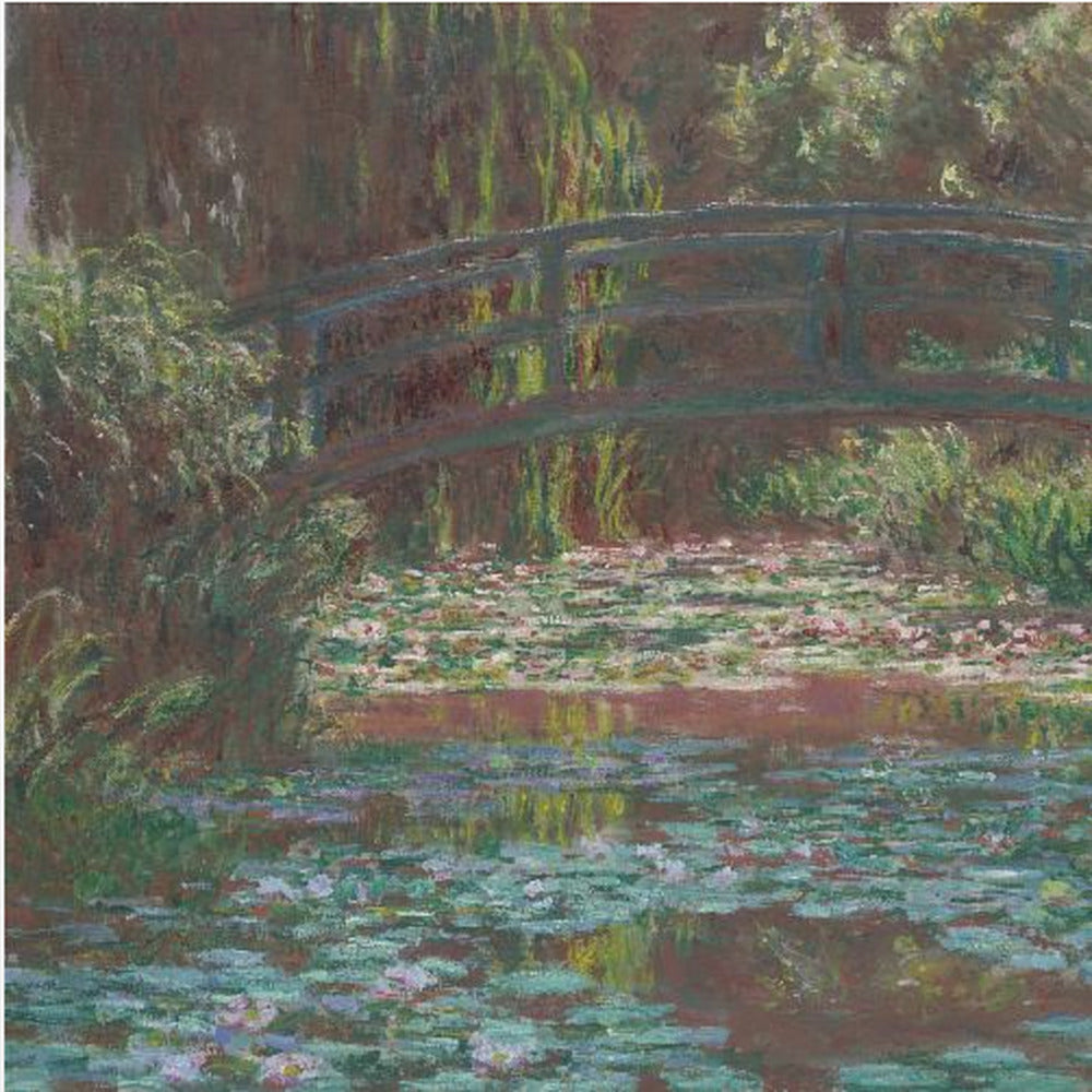 An impressionist painting by Claude Monet of the Japanese bridge over his water lily pond. The artwork, framed in light wood, is rich with shades of green from the foliage and lily pads, and deep brown and blue tones in the water and the bridge itself. Wall Art