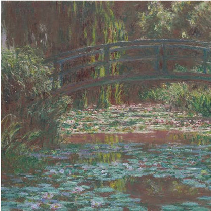 An impressionist painting by Claude Monet of the Japanese bridge over his water lily pond. The artwork, framed in light wood, is rich with shades of green from the foliage and lily pads, and deep brown and blue tones in the water and the bridge itself. Wall Art