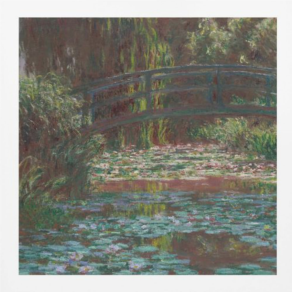 An impressionist painting by Claude Monet of the Japanese bridge over his water lily pond. The artwork, framed in light wood, is rich with shades of green from the foliage and lily pads, and deep brown and blue tones in the water and the bridge itself. Wall Art