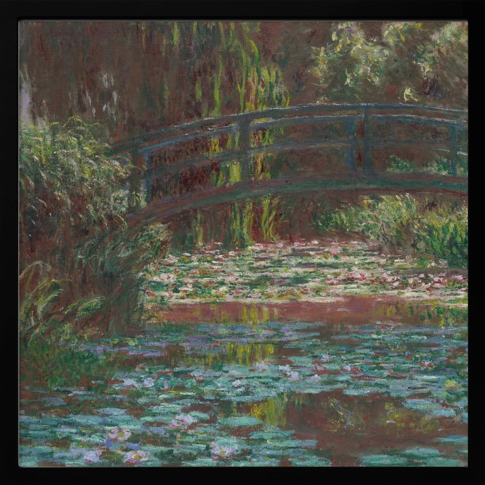 An impressionist painting by Claude Monet of the Japanese bridge over his water lily pond. The artwork, framed in light wood, is rich with shades of green from the foliage and lily pads, and deep brown and blue tones in the water and the bridge itself. Wall Art