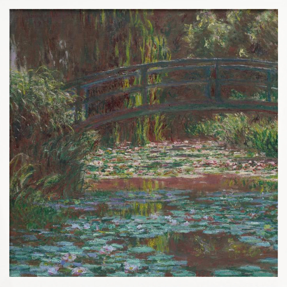 An impressionist painting by Claude Monet of the Japanese bridge over his water lily pond. The artwork, framed in light wood, is rich with shades of green from the foliage and lily pads, and deep brown and blue tones in the water and the bridge itself. Wall Art