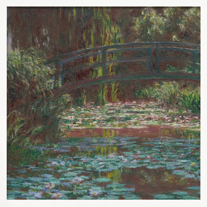 An impressionist painting by Claude Monet of the Japanese bridge over his water lily pond. The artwork, framed in light wood, is rich with shades of green from the foliage and lily pads, and deep brown and blue tones in the water and the bridge itself. Wall Art