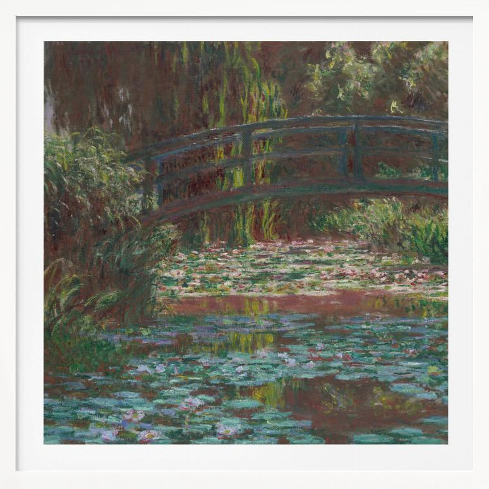 An impressionist painting by Claude Monet of the Japanese bridge over his water lily pond. The artwork, framed in light wood, is rich with shades of green from the foliage and lily pads, and deep brown and blue tones in the water and the bridge itself. Wall Art