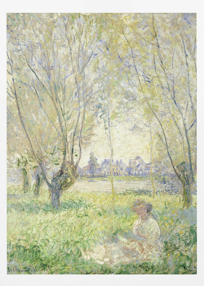 An Impressionist painting, 'Springtime' by Claude Monet, showing a woman in a hat sitting in a sunlit green field. Slender trees with light green foliage frame a view of a village across a river, evoking a peaceful spring day. The artwork is presented in a simple black frame. Artwork