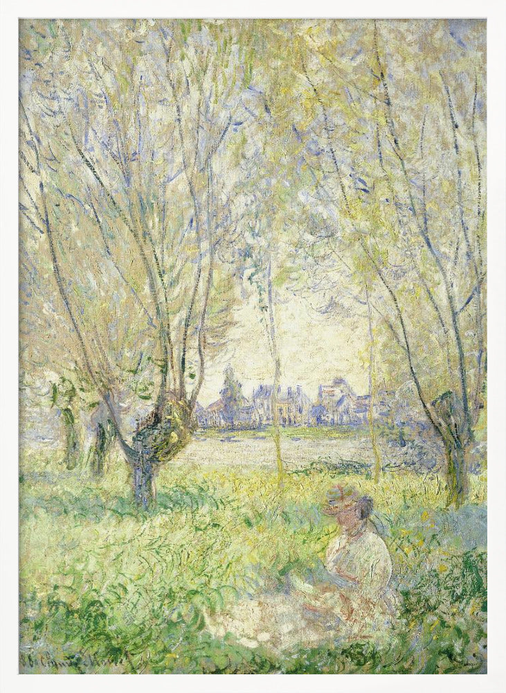 An Impressionist painting, 'Springtime' by Claude Monet, showing a woman in a hat sitting in a sunlit green field. Slender trees with light green foliage frame a view of a village across a river, evoking a peaceful spring day. The artwork is presented in a simple black frame. Artwork