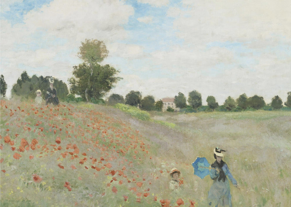 A framed Impressionist painting by Claude Monet titled 'Poppy Field,' depicting women and children strolling through a vibrant field of red poppies under a partly cloudy sky, with trees and a house in the distance. Print
