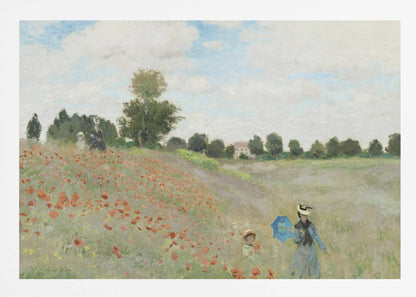 A framed Impressionist painting by Claude Monet titled 'Poppy Field,' depicting women and children strolling through a vibrant field of red poppies under a partly cloudy sky, with trees and a house in the distance. Print