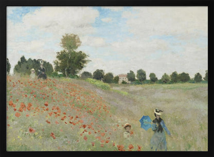 A framed Impressionist painting by Claude Monet titled 'Poppy Field,' depicting women and children strolling through a vibrant field of red poppies under a partly cloudy sky, with trees and a house in the distance. Print