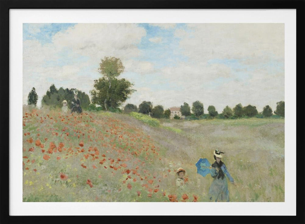 A framed Impressionist painting by Claude Monet titled 'Poppy Field,' depicting women and children strolling through a vibrant field of red poppies under a partly cloudy sky, with trees and a house in the distance. Print