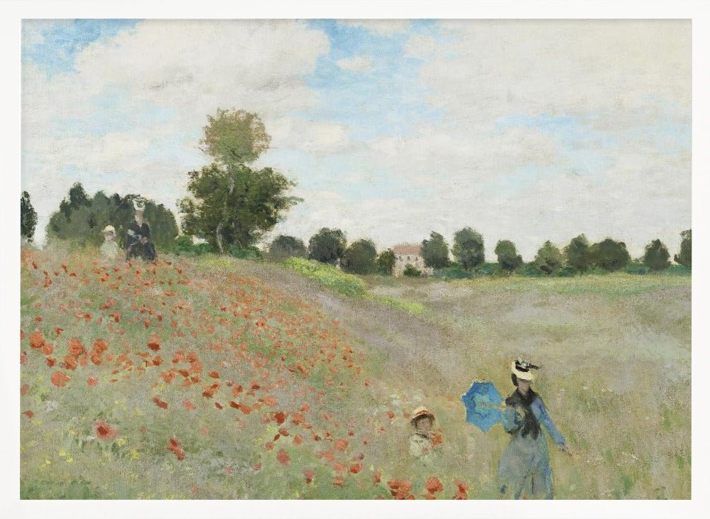 A framed Impressionist painting by Claude Monet titled 'Poppy Field,' depicting women and children strolling through a vibrant field of red poppies under a partly cloudy sky, with trees and a house in the distance. Print