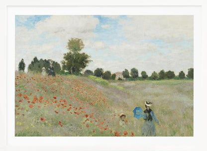 A framed Impressionist painting by Claude Monet titled 'Poppy Field,' depicting women and children strolling through a vibrant field of red poppies under a partly cloudy sky, with trees and a house in the distance. Print