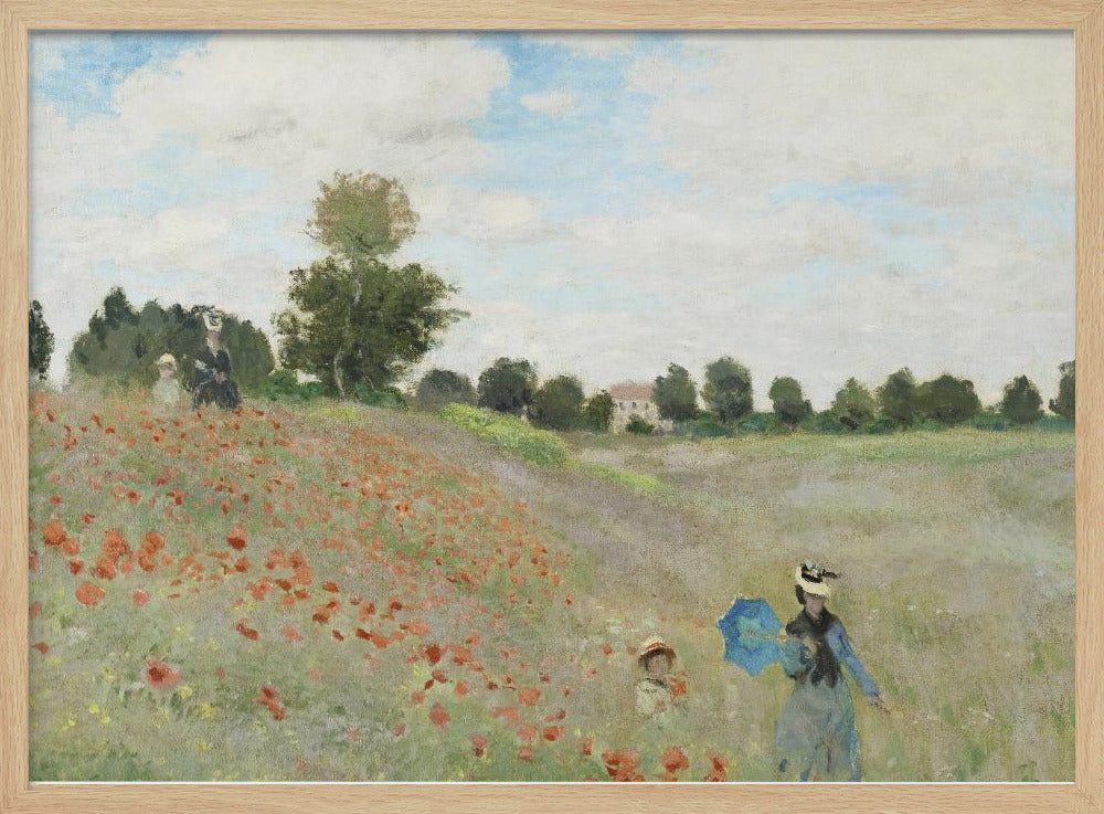 A framed Impressionist painting by Claude Monet titled 'Poppy Field,' depicting women and children strolling through a vibrant field of red poppies under a partly cloudy sky, with trees and a house in the distance. Print