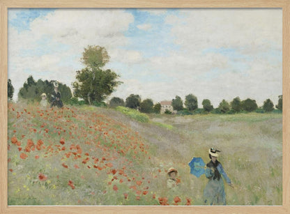 A framed Impressionist painting by Claude Monet titled 'Poppy Field,' depicting women and children strolling through a vibrant field of red poppies under a partly cloudy sky, with trees and a house in the distance. Print