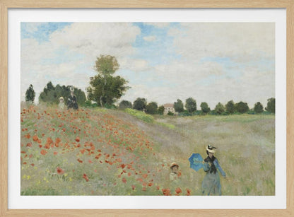 A framed Impressionist painting by Claude Monet titled 'Poppy Field,' depicting women and children strolling through a vibrant field of red poppies under a partly cloudy sky, with trees and a house in the distance. Print