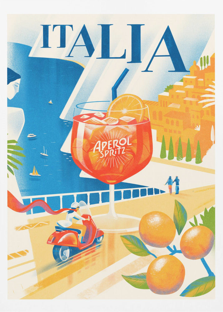 A vintage-style travel poster for Italia, featuring a large glass of Aperol Spritz overlooking a sunny coastal scene. A woman gazes at the blue sea with sailboats, a hillside town glows in the sun, and a person rides a red scooter along a seaside road, with ripe oranges in the foreground. Artwork