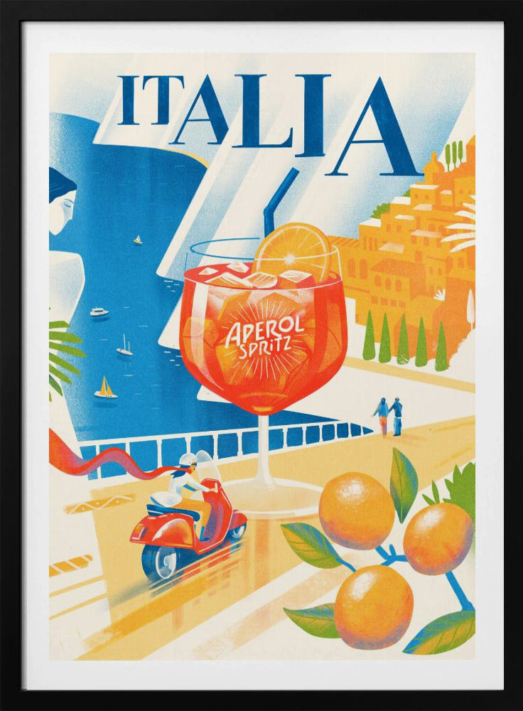A vintage-style travel poster for Italia, featuring a large glass of Aperol Spritz overlooking a sunny coastal scene. A woman gazes at the blue sea with sailboats, a hillside town glows in the sun, and a person rides a red scooter along a seaside road, with ripe oranges in the foreground. Artwork