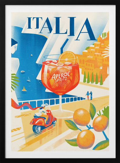 A vintage-style travel poster for Italia, featuring a large glass of Aperol Spritz overlooking a sunny coastal scene. A woman gazes at the blue sea with sailboats, a hillside town glows in the sun, and a person rides a red scooter along a seaside road, with ripe oranges in the foreground. Artwork