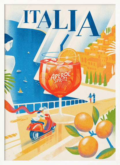 A vintage-style travel poster for Italia, featuring a large glass of Aperol Spritz overlooking a sunny coastal scene. A woman gazes at the blue sea with sailboats, a hillside town glows in the sun, and a person rides a red scooter along a seaside road, with ripe oranges in the foreground. Artwork