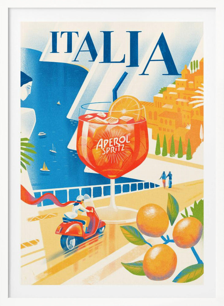 A vintage-style travel poster for Italia, featuring a large glass of Aperol Spritz overlooking a sunny coastal scene. A woman gazes at the blue sea with sailboats, a hillside town glows in the sun, and a person rides a red scooter along a seaside road, with ripe oranges in the foreground. Artwork