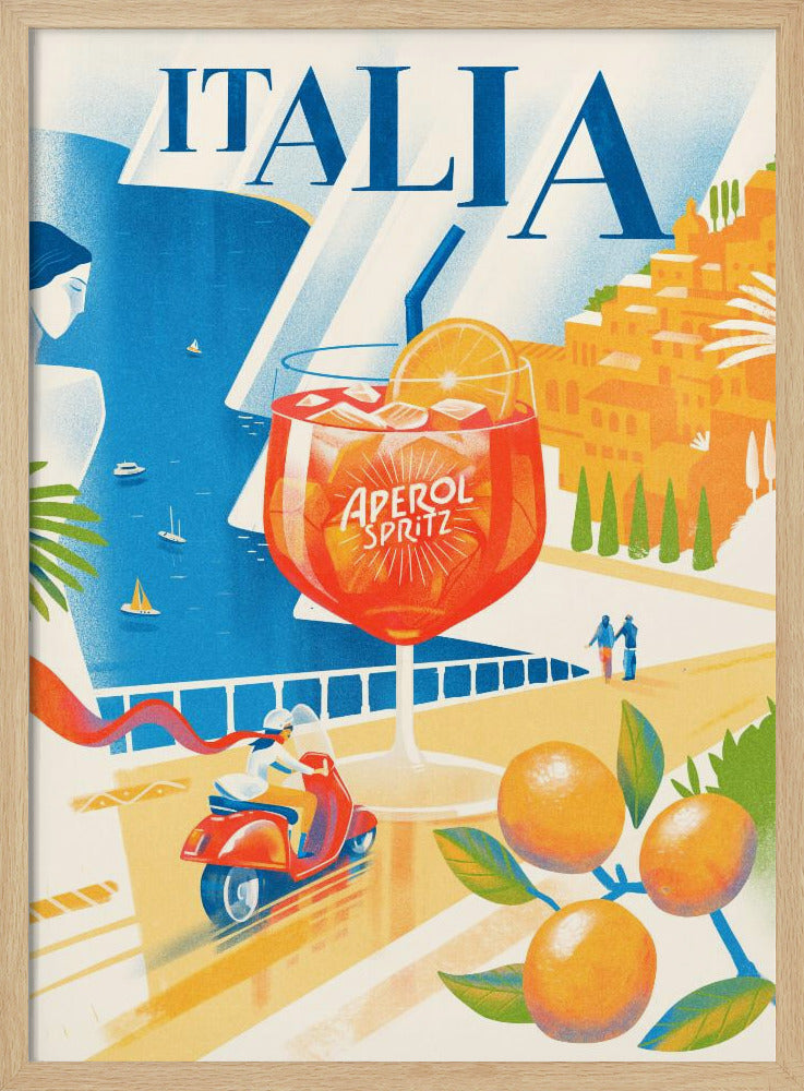 A vintage-style travel poster for Italia, featuring a large glass of Aperol Spritz overlooking a sunny coastal scene. A woman gazes at the blue sea with sailboats, a hillside town glows in the sun, and a person rides a red scooter along a seaside road, with ripe oranges in the foreground. Artwork