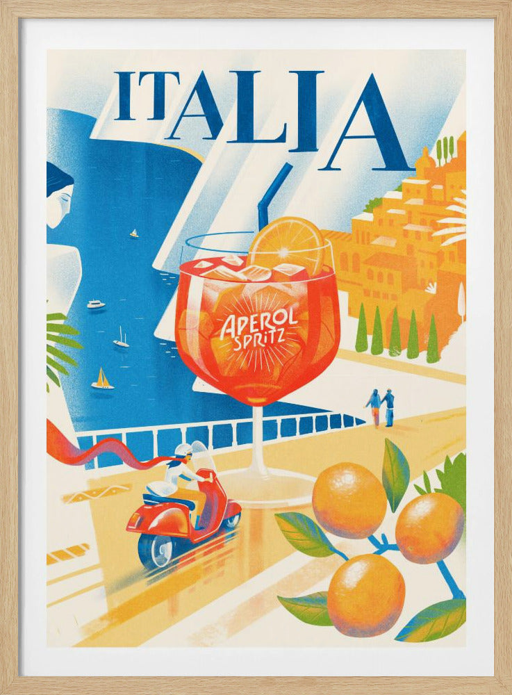 A vintage-style travel poster for Italia, featuring a large glass of Aperol Spritz overlooking a sunny coastal scene. A woman gazes at the blue sea with sailboats, a hillside town glows in the sun, and a person rides a red scooter along a seaside road, with ripe oranges in the foreground. Artwork