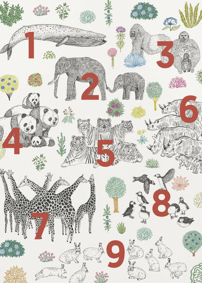 An educational art print in a black frame, featuring numbered groups of animals from one to nine. The illustrations are black and white drawings, with large red numbers indicating the count for each group: 1 whale, 2 elephants, 3 gorillas, 4 pandas, 5 tigers, 6 rhinos, 7 giraffes, 8 puffins, and 9 rabbits, interspersed with colorful plants on a cream background. Print