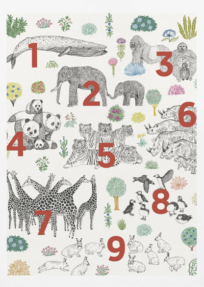 An educational art print in a black frame, featuring numbered groups of animals from one to nine. The illustrations are black and white drawings, with large red numbers indicating the count for each group: 1 whale, 2 elephants, 3 gorillas, 4 pandas, 5 tigers, 6 rhinos, 7 giraffes, 8 puffins, and 9 rabbits, interspersed with colorful plants on a cream background. Print
