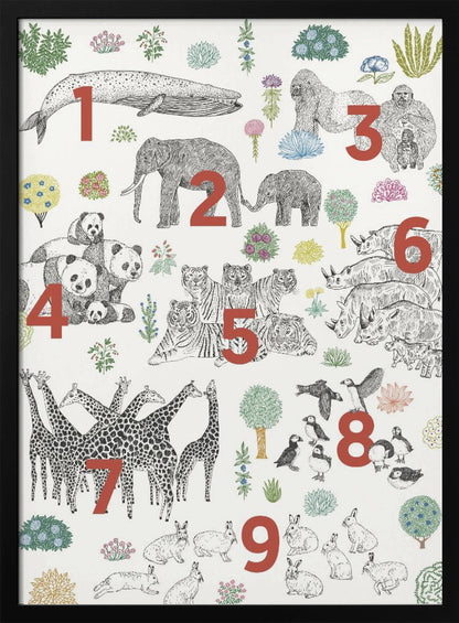 An educational art print in a black frame, featuring numbered groups of animals from one to nine. The illustrations are black and white drawings, with large red numbers indicating the count for each group: 1 whale, 2 elephants, 3 gorillas, 4 pandas, 5 tigers, 6 rhinos, 7 giraffes, 8 puffins, and 9 rabbits, interspersed with colorful plants on a cream background. Print