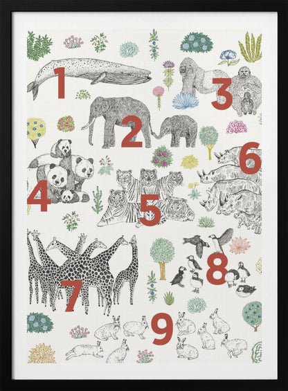 An educational art print in a black frame, featuring numbered groups of animals from one to nine. The illustrations are black and white drawings, with large red numbers indicating the count for each group: 1 whale, 2 elephants, 3 gorillas, 4 pandas, 5 tigers, 6 rhinos, 7 giraffes, 8 puffins, and 9 rabbits, interspersed with colorful plants on a cream background. Print