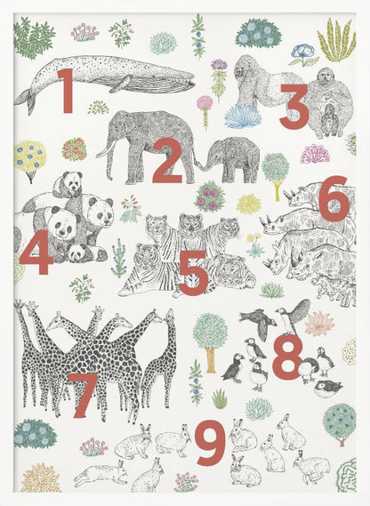 An educational art print in a black frame, featuring numbered groups of animals from one to nine. The illustrations are black and white drawings, with large red numbers indicating the count for each group: 1 whale, 2 elephants, 3 gorillas, 4 pandas, 5 tigers, 6 rhinos, 7 giraffes, 8 puffins, and 9 rabbits, interspersed with colorful plants on a cream background. Print