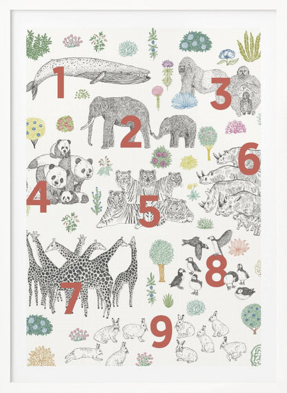 An educational art print in a black frame, featuring numbered groups of animals from one to nine. The illustrations are black and white drawings, with large red numbers indicating the count for each group: 1 whale, 2 elephants, 3 gorillas, 4 pandas, 5 tigers, 6 rhinos, 7 giraffes, 8 puffins, and 9 rabbits, interspersed with colorful plants on a cream background. Print