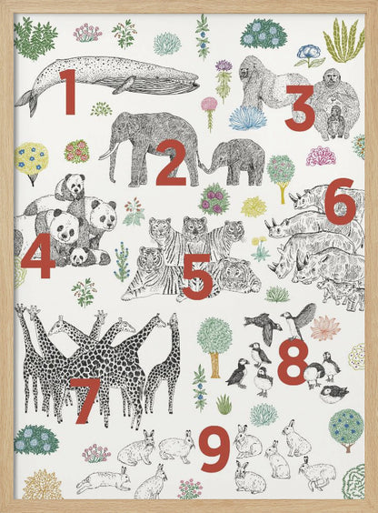 An educational art print in a black frame, featuring numbered groups of animals from one to nine. The illustrations are black and white drawings, with large red numbers indicating the count for each group: 1 whale, 2 elephants, 3 gorillas, 4 pandas, 5 tigers, 6 rhinos, 7 giraffes, 8 puffins, and 9 rabbits, interspersed with colorful plants on a cream background. Print