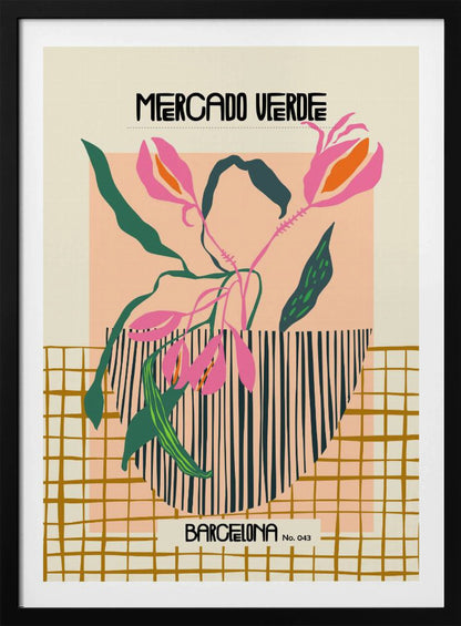 A modern graphic art print of stylized pink flowers with green leaves in a black and white striped vase. The background is color-blocked with cream, peach, and a mustard yellow grid pattern. Text at the top reads 'MERCADO VERDE' and at the bottom 'BARCELONA No. 043'. Artwork