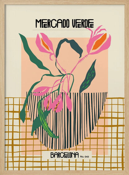 A modern graphic art print of stylized pink flowers with green leaves in a black and white striped vase. The background is color-blocked with cream, peach, and a mustard yellow grid pattern. Text at the top reads 'MERCADO VERDE' and at the bottom 'BARCELONA No. 043'. Artwork