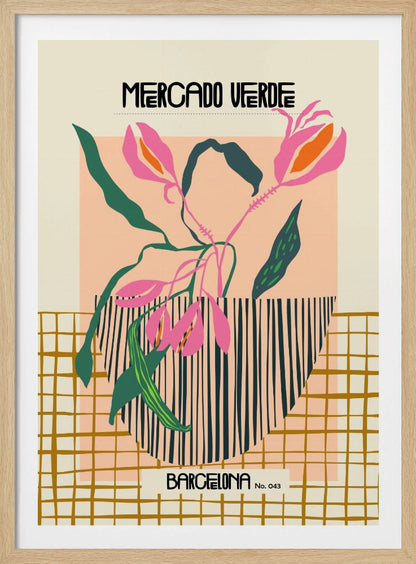 A modern graphic art print of stylized pink flowers with green leaves in a black and white striped vase. The background is color-blocked with cream, peach, and a mustard yellow grid pattern. Text at the top reads 'MERCADO VERDE' and at the bottom 'BARCELONA No. 043'. Artwork