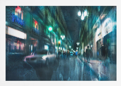 An abstract, moody artwork of a busy city street at night, viewed as if through a rainy window or with motion blur. The scene is dominated by shades of deep blue and vibrant green, with glowing streetlights and neon signs casting reflections on the wet pavement. Silhouettes of people walk down the street, and a car is partially visible on the left. The entire composition has a dynamic, dreamlike quality and is presented in a silver frame. Poster