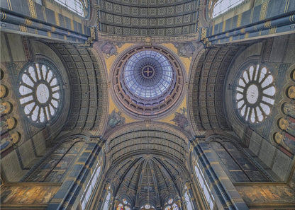 An upward-looking view of the highly ornate vaulted ceiling of a grand cathedral, featuring a central glass dome, large rose windows, and intricate gold and blue details, all framed in silver. Poster