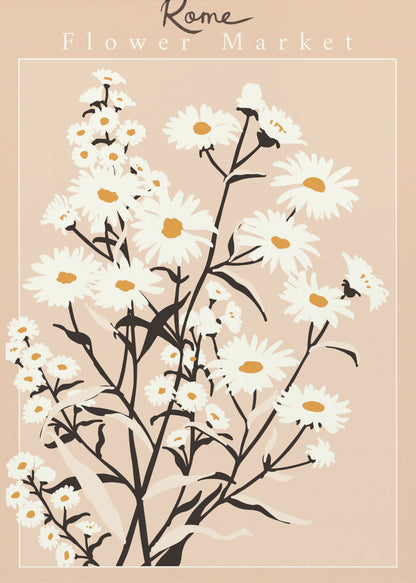 A vintage-style art print titled 'Rome Flower Market' featuring a minimalist illustration of white daisies with yellow centers and black stems against a muted pink background. The artwork is enclosed in a thin white border and set within a black frame. Wall Art